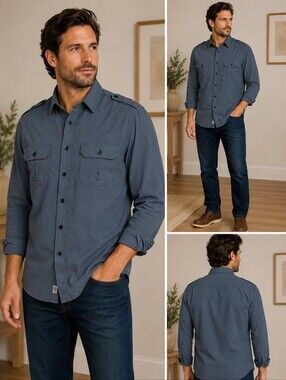 Aigle Blue Button Down Shirt Long Sleeve Utility Workwear 100% Cotton Large